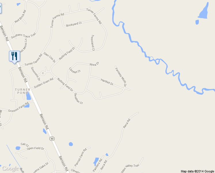 map of restaurants, bars, coffee shops, grocery stores, and more near 5225 Hartfelt Drive in Garner