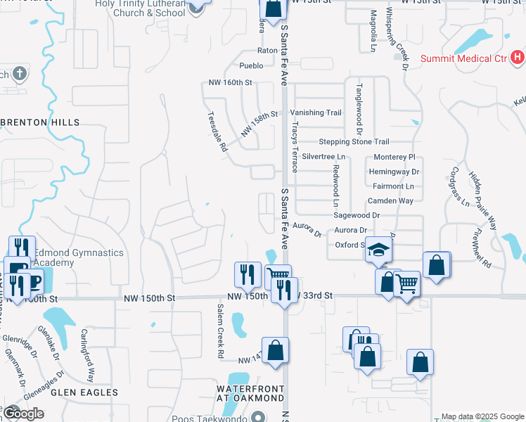 map of restaurants, bars, coffee shops, grocery stores, and more near 15504 Swallowtail Road in Edmond