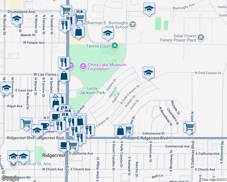 map of restaurants, bars, coffee shops, grocery stores, and more near 412 Oasis Drive in Ridgecrest