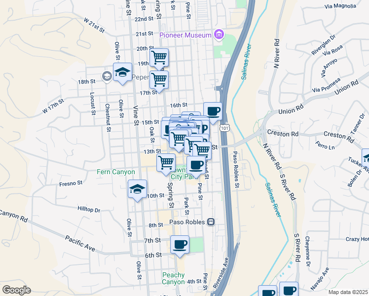 map of restaurants, bars, coffee shops, grocery stores, and more near 803 13th Street in Paso Robles