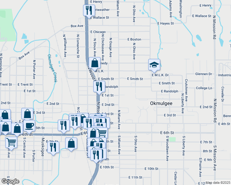 map of restaurants, bars, coffee shops, grocery stores, and more near 1119 East 1st Street in Okmulgee