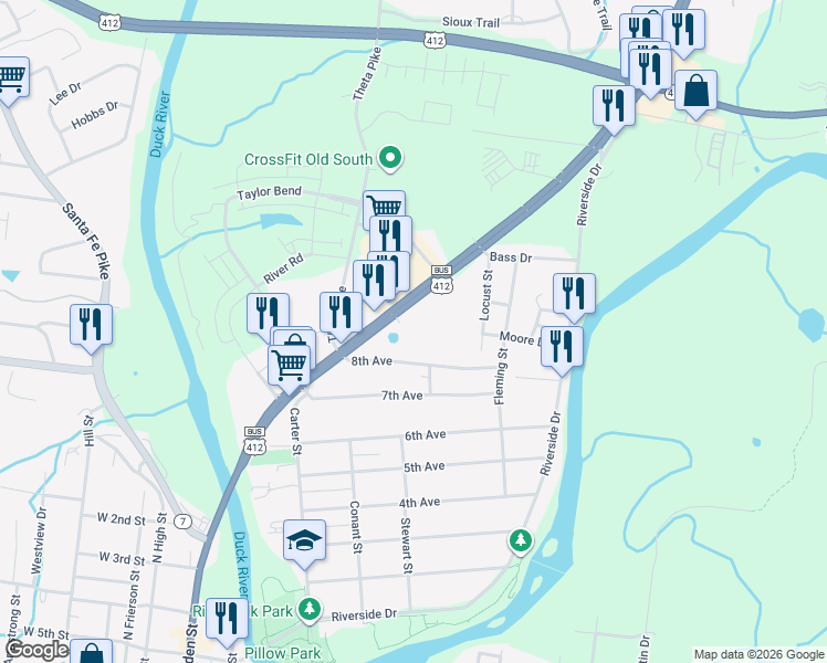 map of restaurants, bars, coffee shops, grocery stores, and more near 806 Nashville Highway in Columbia