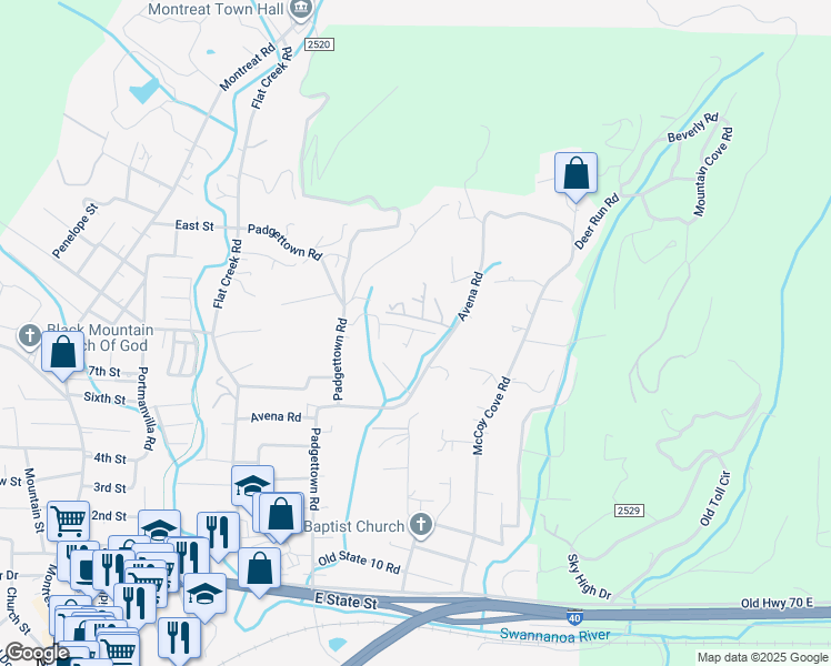 map of restaurants, bars, coffee shops, grocery stores, and more near 117 Blueview Drive in Black Mountain
