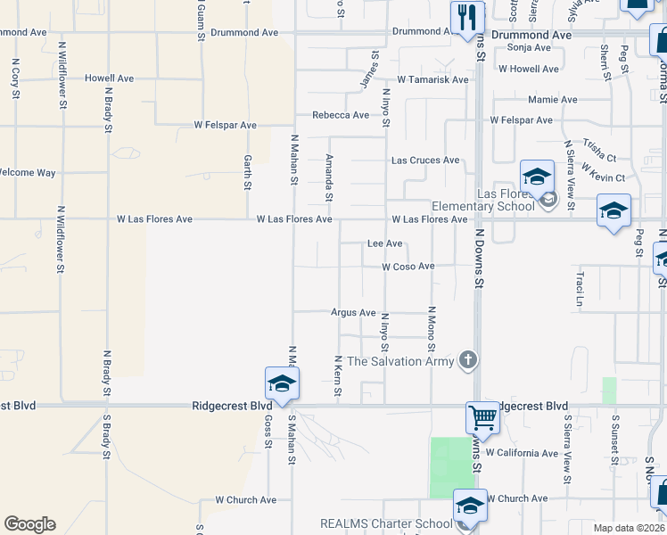 map of restaurants, bars, coffee shops, grocery stores, and more near 1225 West Coso Avenue in Ridgecrest