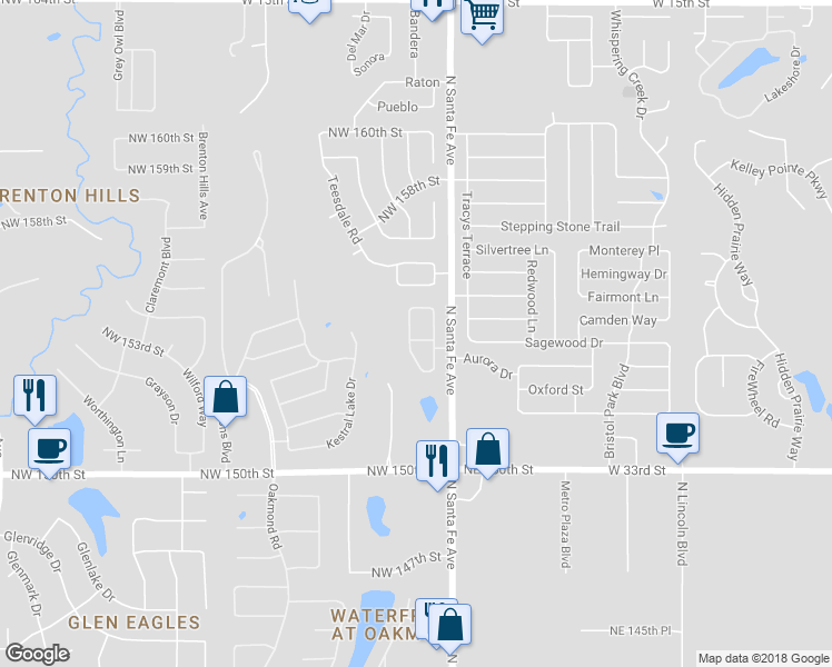 map of restaurants, bars, coffee shops, grocery stores, and more near 15504 Swallowtail Road in Edmond
