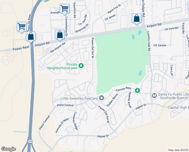 map of restaurants, bars, coffee shops, grocery stores, and more near 6430 Paseo Del Sol West in Santa Fe