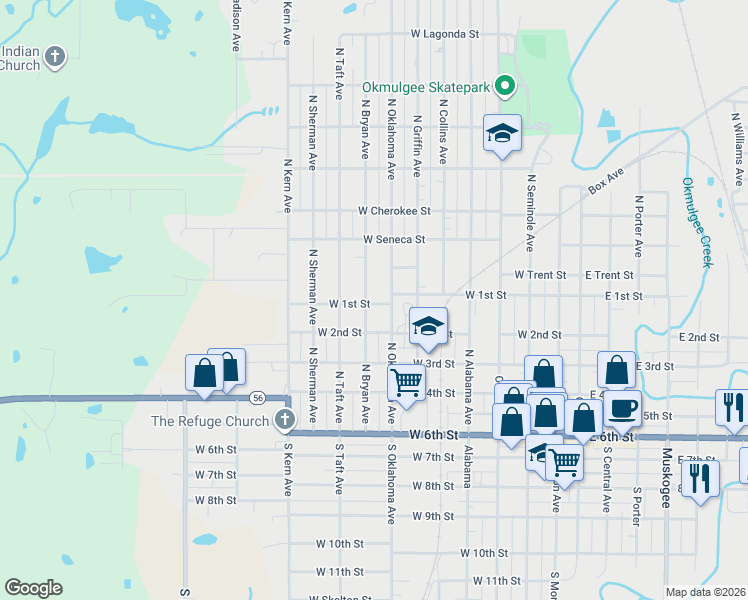 map of restaurants, bars, coffee shops, grocery stores, and more near 603 North Bryan Avenue in Okmulgee