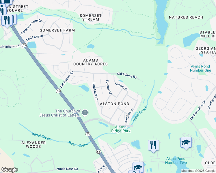 map of restaurants, bars, coffee shops, grocery stores, and more near 2622 Tummel Lane in Holly Springs