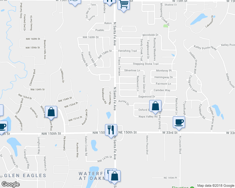 map of restaurants, bars, coffee shops, grocery stores, and more near 2709 Tracys Terrace in Edmond