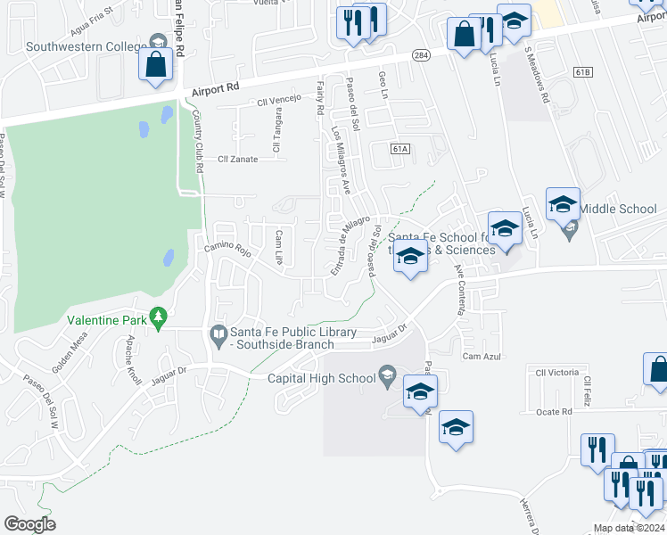 map of restaurants, bars, coffee shops, grocery stores, and more near 6385 Entrada de Milagro in Santa Fe