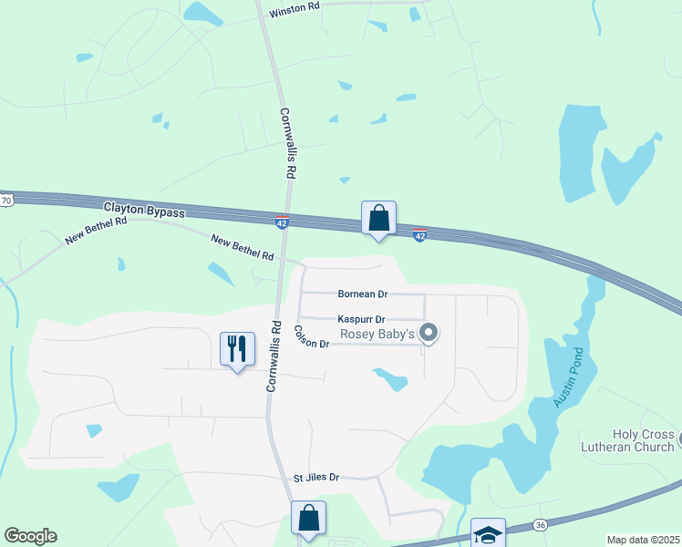 map of restaurants, bars, coffee shops, grocery stores, and more near 128 Kyndallee Lane in Clayton