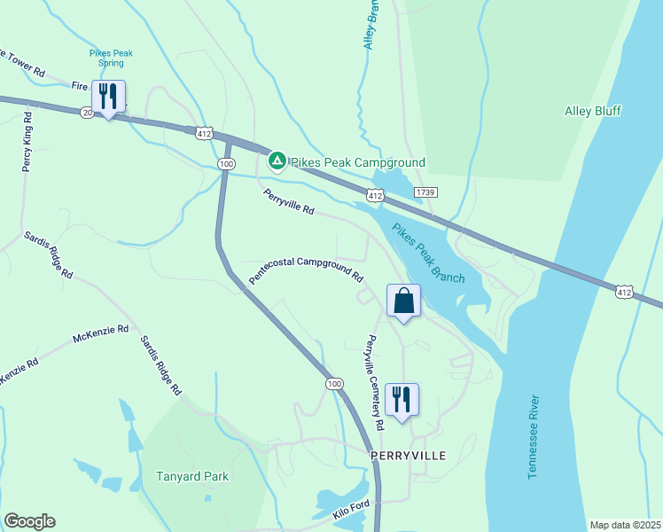 map of restaurants, bars, coffee shops, grocery stores, and more near 272 Pentecostal Campground Road in Parsons