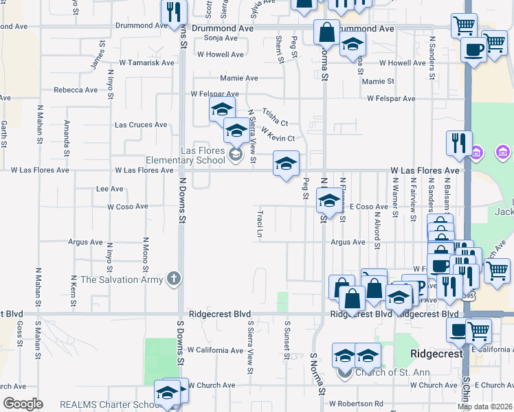 map of restaurants, bars, coffee shops, grocery stores, and more near 336 Traci Lane in Ridgecrest
