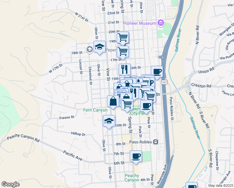 map of restaurants, bars, coffee shops, grocery stores, and more near 1301 Oak Street in Paso Robles