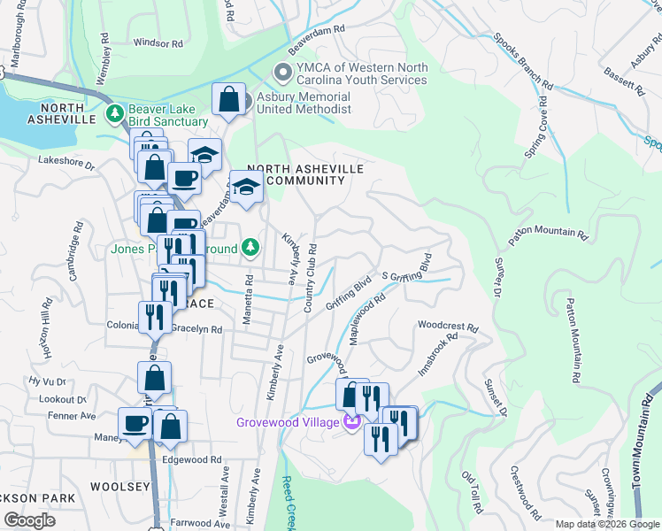 map of restaurants, bars, coffee shops, grocery stores, and more near 40 Blackwood Road in Asheville