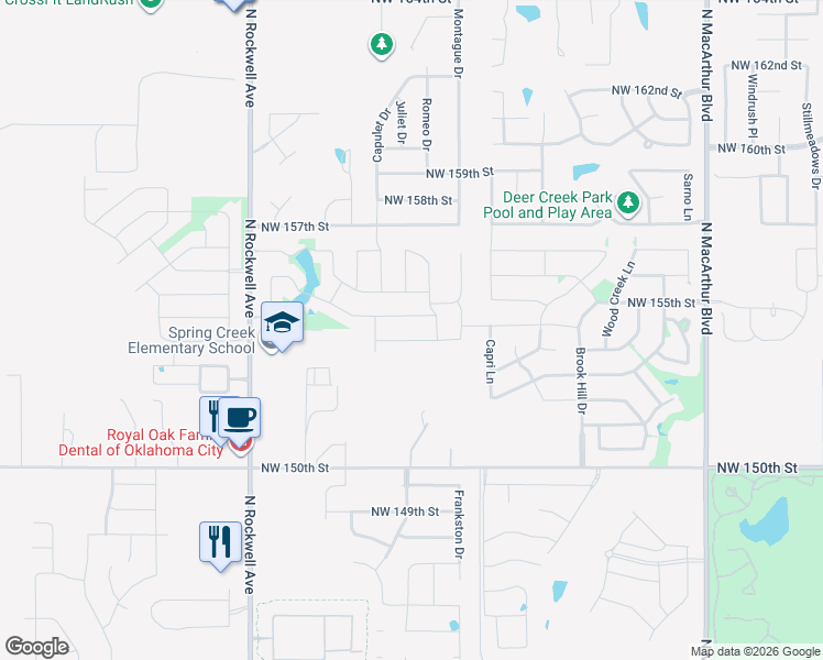 map of restaurants, bars, coffee shops, grocery stores, and more near 6621 Northwest 154th Street in Edmond