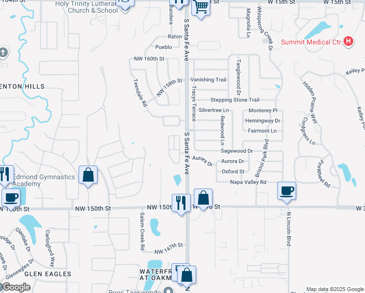 map of restaurants, bars, coffee shops, grocery stores, and more near 2709 Tracys Terrace in Edmond