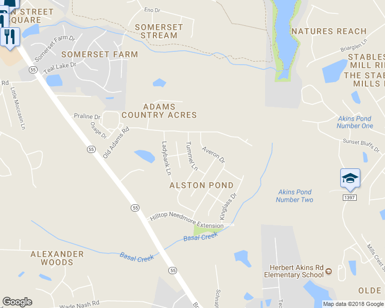 map of restaurants, bars, coffee shops, grocery stores, and more near 2544 Tummel Lane in Holly Springs