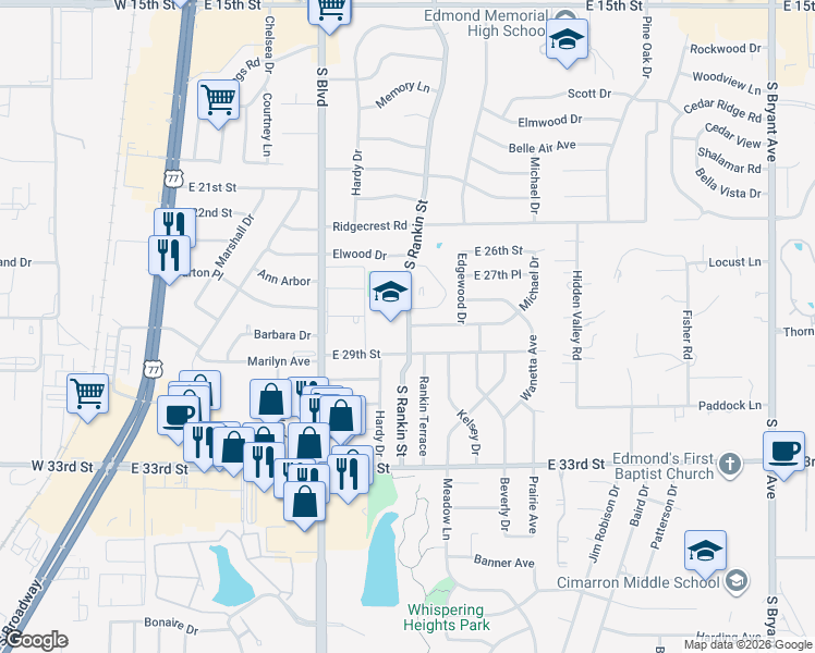 map of restaurants, bars, coffee shops, grocery stores, and more near 2801 South Rankin Street in Edmond