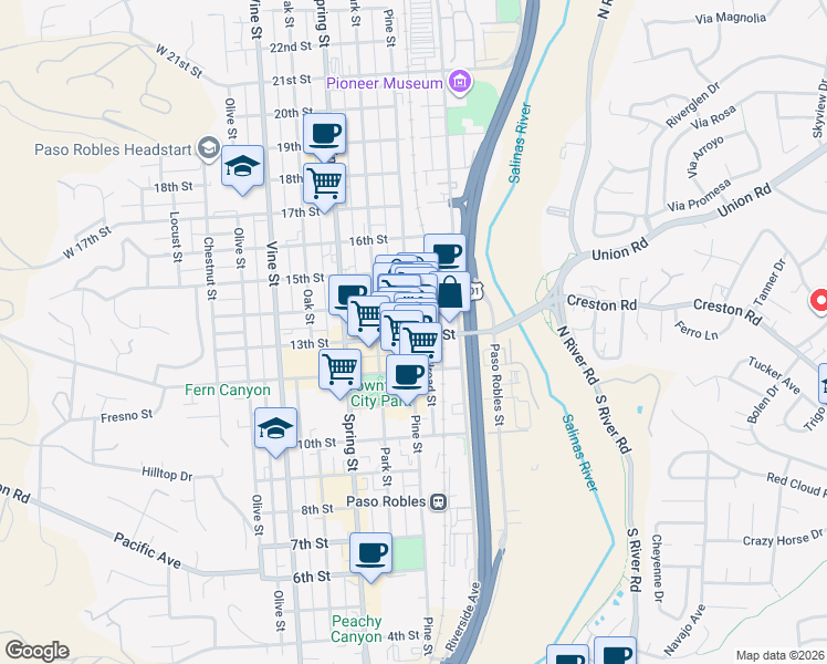 map of restaurants, bars, coffee shops, grocery stores, and more near 1306 Pine Street in Paso Robles