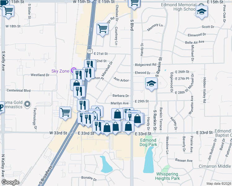 map of restaurants, bars, coffee shops, grocery stores, and more near 145 Barbara Drive in Edmond