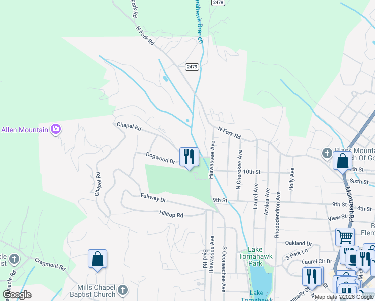 map of restaurants, bars, coffee shops, grocery stores, and more near 1 Ross Drive in Black Mountain
