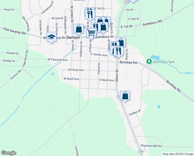 map of restaurants, bars, coffee shops, grocery stores, and more near 384 Daniel Street in Denton