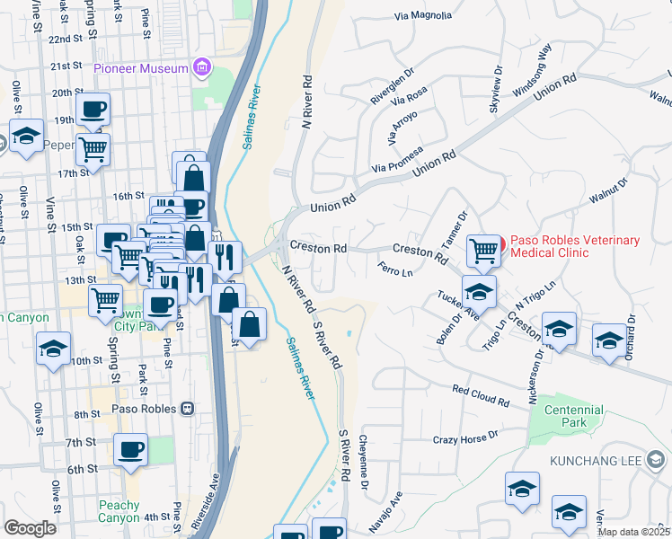 map of restaurants, bars, coffee shops, grocery stores, and more near 107 Capitol Hill Drive in Paso Robles