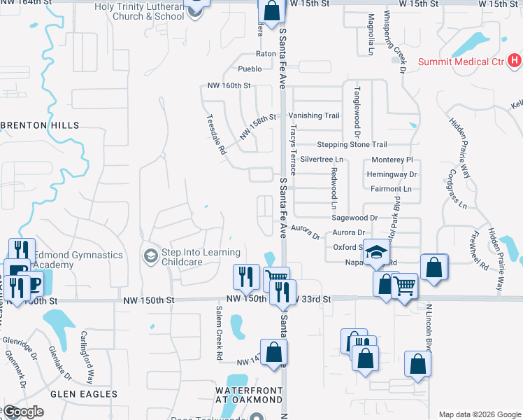 map of restaurants, bars, coffee shops, grocery stores, and more near 15504 Swallowtail Road in Edmond