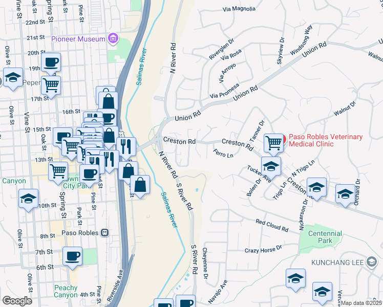 map of restaurants, bars, coffee shops, grocery stores, and more near 107 Capitol Hill Drive in Paso Robles