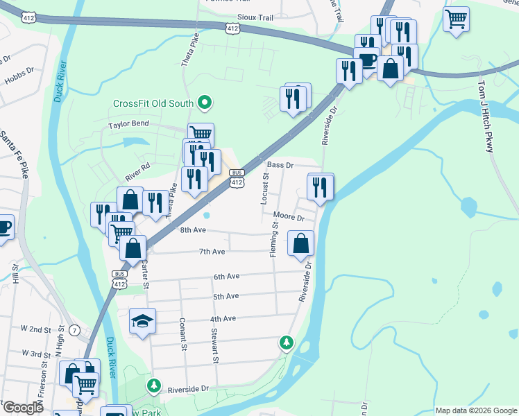 map of restaurants, bars, coffee shops, grocery stores, and more near 901 Locust Street in Columbia