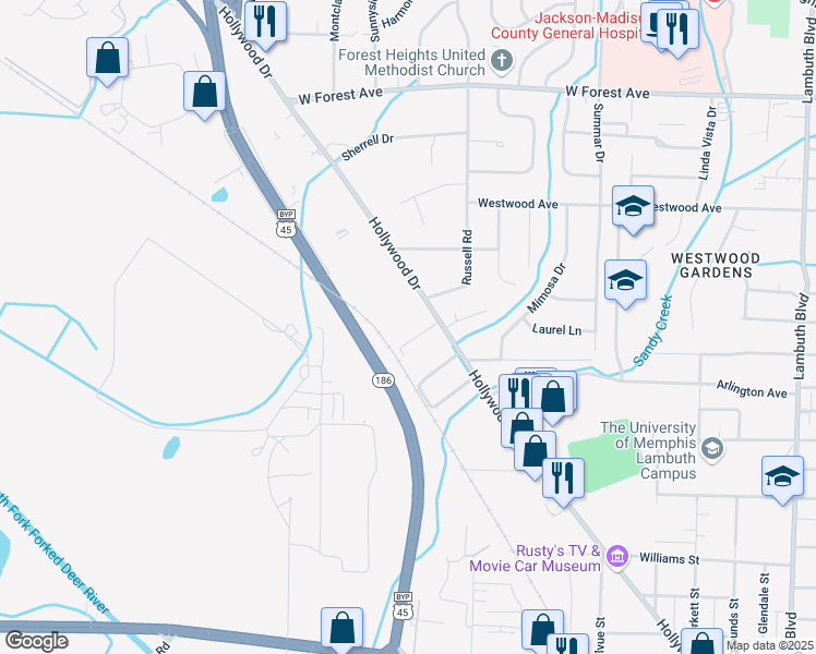 map of restaurants, bars, coffee shops, grocery stores, and more near 1160 Hollywood Drive in Jackson