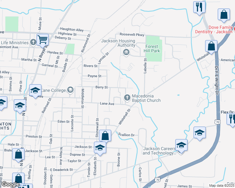 map of restaurants, bars, coffee shops, grocery stores, and more near 520 Berry Street in Jackson