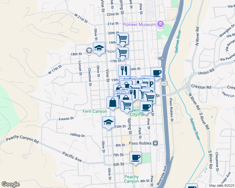 map of restaurants, bars, coffee shops, grocery stores, and more near 1301 Oak Street in Paso Robles