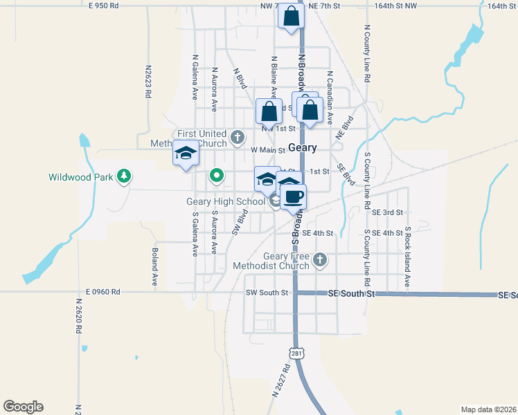map of restaurants, bars, coffee shops, grocery stores, and more near 233 Southwest 3rd Street in Geary
