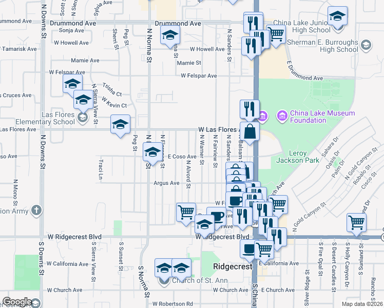 map of restaurants, bars, coffee shops, grocery stores, and more near 400 North Alvord Street in Ridgecrest