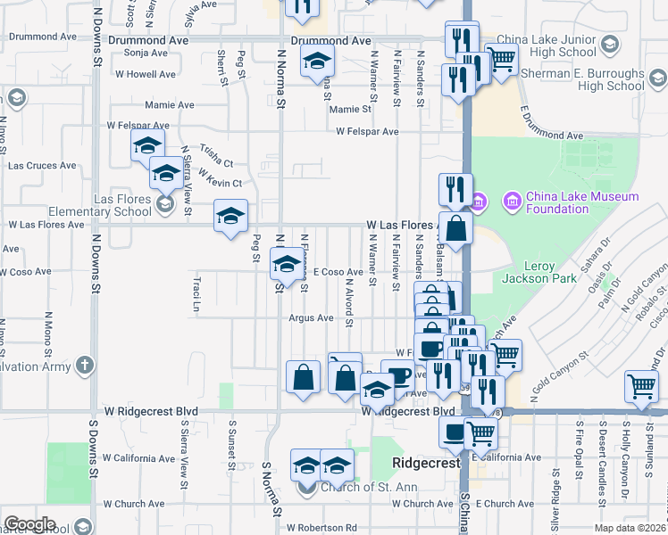 map of restaurants, bars, coffee shops, grocery stores, and more near 400 North Helena Street in Ridgecrest