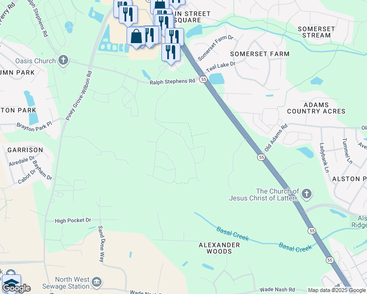 map of restaurants, bars, coffee shops, grocery stores, and more near 517 Wildwood Farm Way in Holly Springs