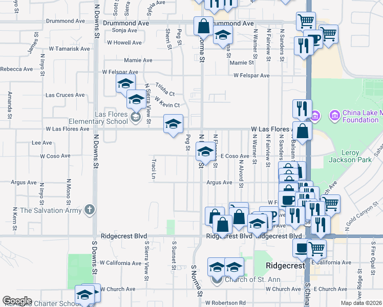 map of restaurants, bars, coffee shops, grocery stores, and more near 404 Peg Street in Ridgecrest