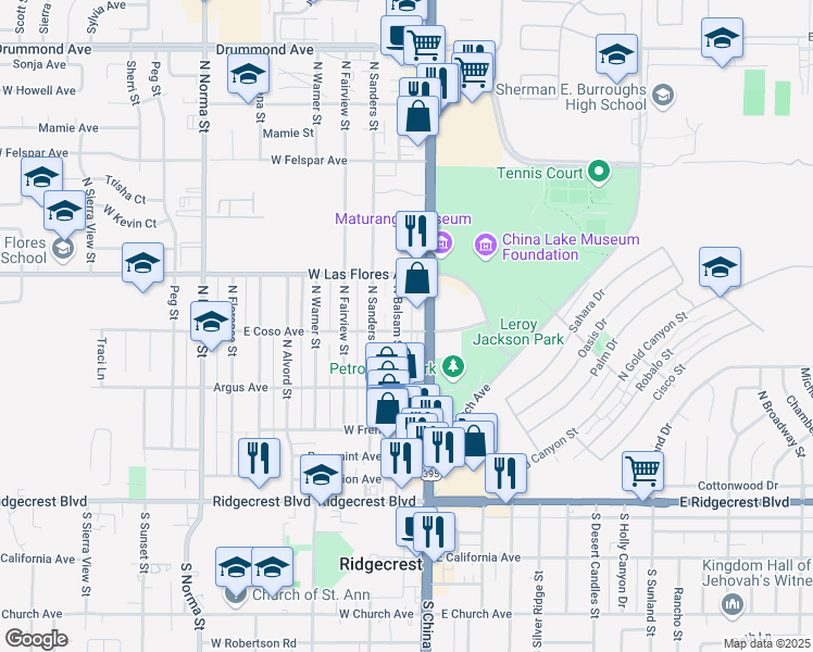 map of restaurants, bars, coffee shops, grocery stores, and more near 400 Balsam Street in Ridgecrest