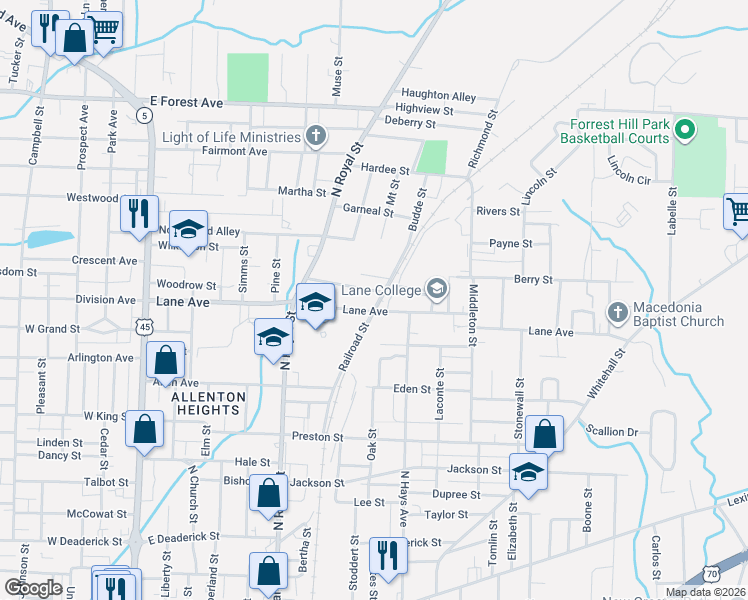 map of restaurants, bars, coffee shops, grocery stores, and more near 407 Railroad Street in Jackson
