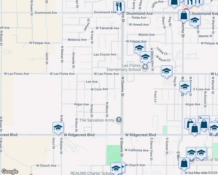 map of restaurants, bars, coffee shops, grocery stores, and more near 340 North Mono Street in Ridgecrest