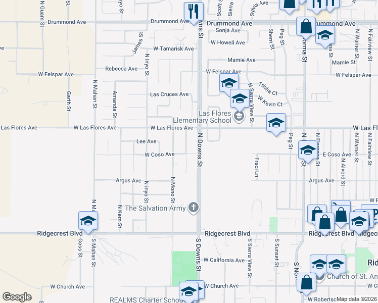 map of restaurants, bars, coffee shops, grocery stores, and more near 400 North Nevada Street in Ridgecrest