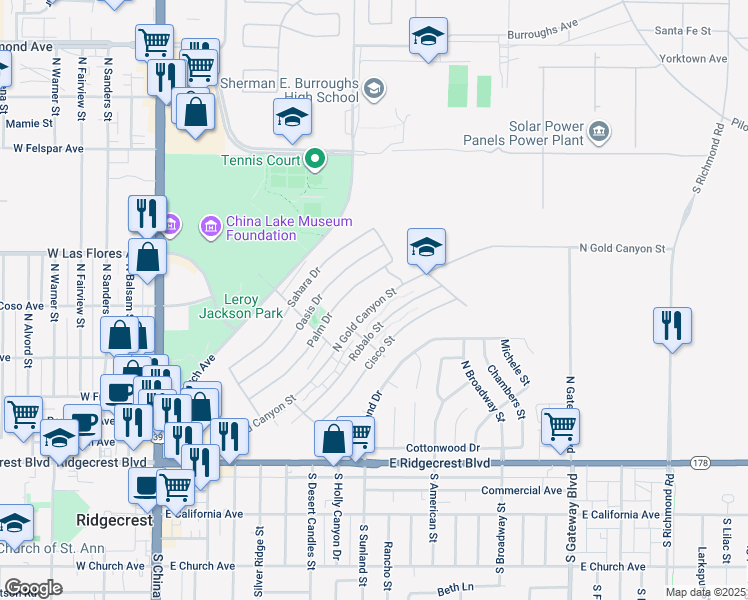 map of restaurants, bars, coffee shops, grocery stores, and more near 445 North Gold Canyon Street in Ridgecrest