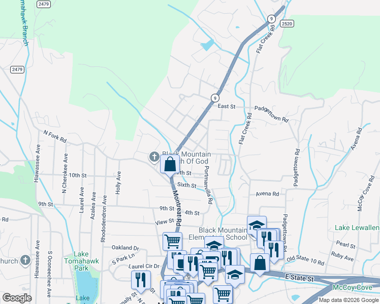 map of restaurants, bars, coffee shops, grocery stores, and more near 9 Teresa Way in Black Mountain