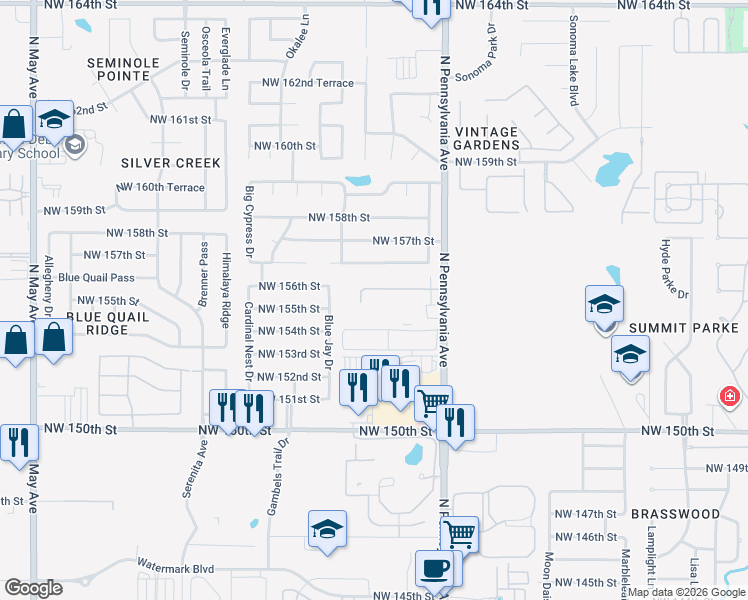 map of restaurants, bars, coffee shops, grocery stores, and more near 2210 NW 155th St in Edmond
