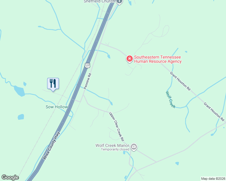 map of restaurants, bars, coffee shops, grocery stores, and more near 36 Upper Clear Creek Road in Spring City