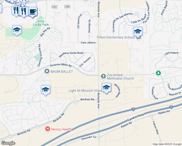 map of restaurants, bars, coffee shops, grocery stores, and more near 3830 Montana Verde Road in Santa Fe