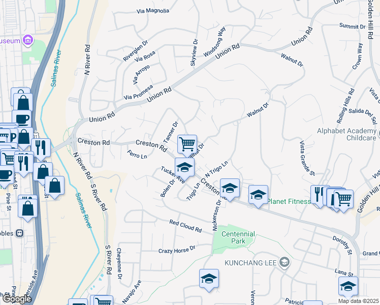 map of restaurants, bars, coffee shops, grocery stores, and more near 729 Walnut Dr in Paso Robles