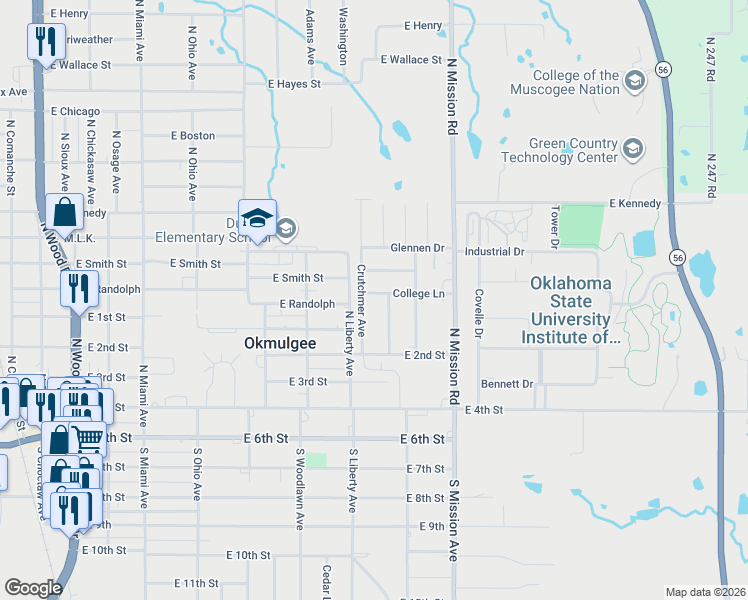 map of restaurants, bars, coffee shops, grocery stores, and more near 1610 College Lane in Okmulgee